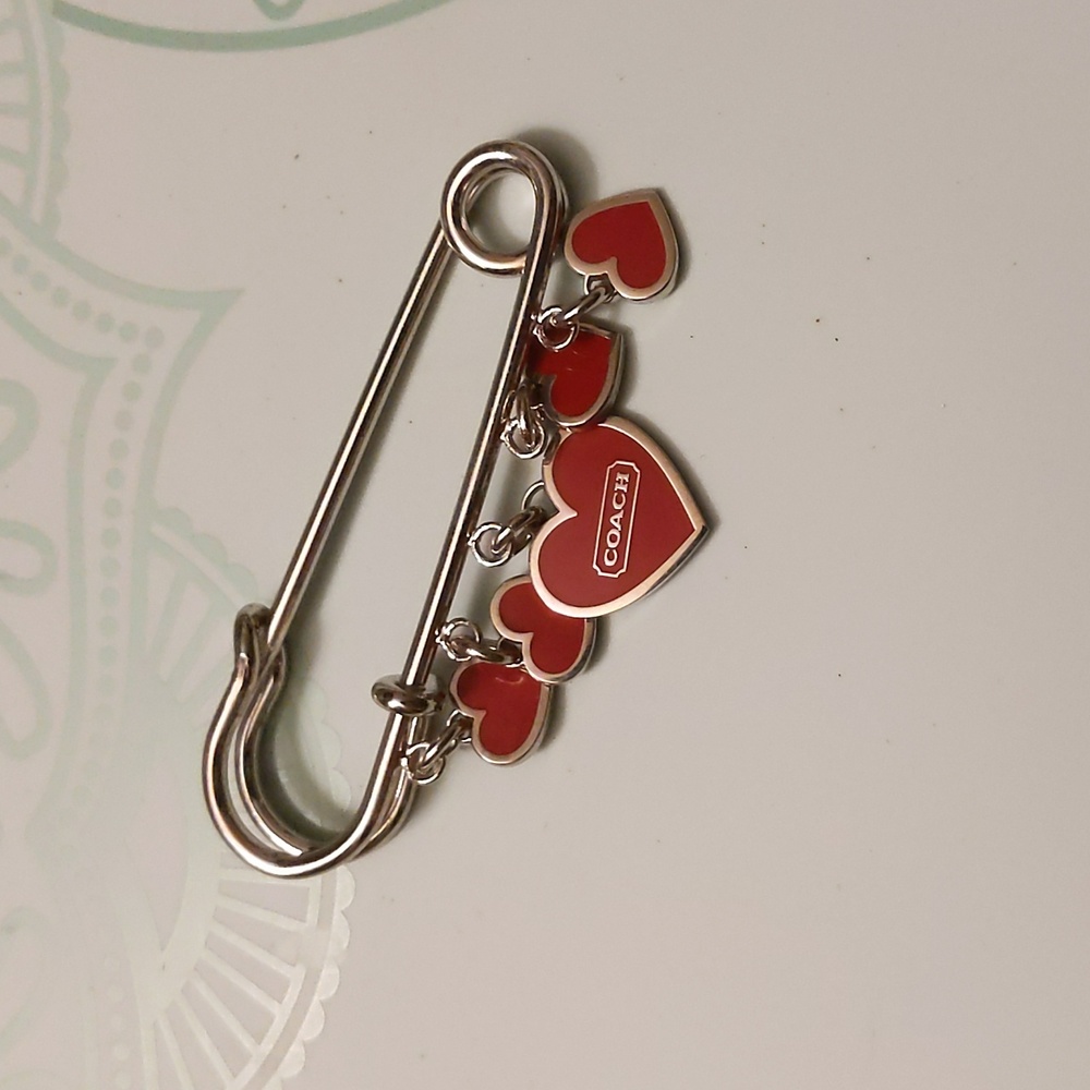 Coach Heart Safety Pin Bag Charm in red and silver